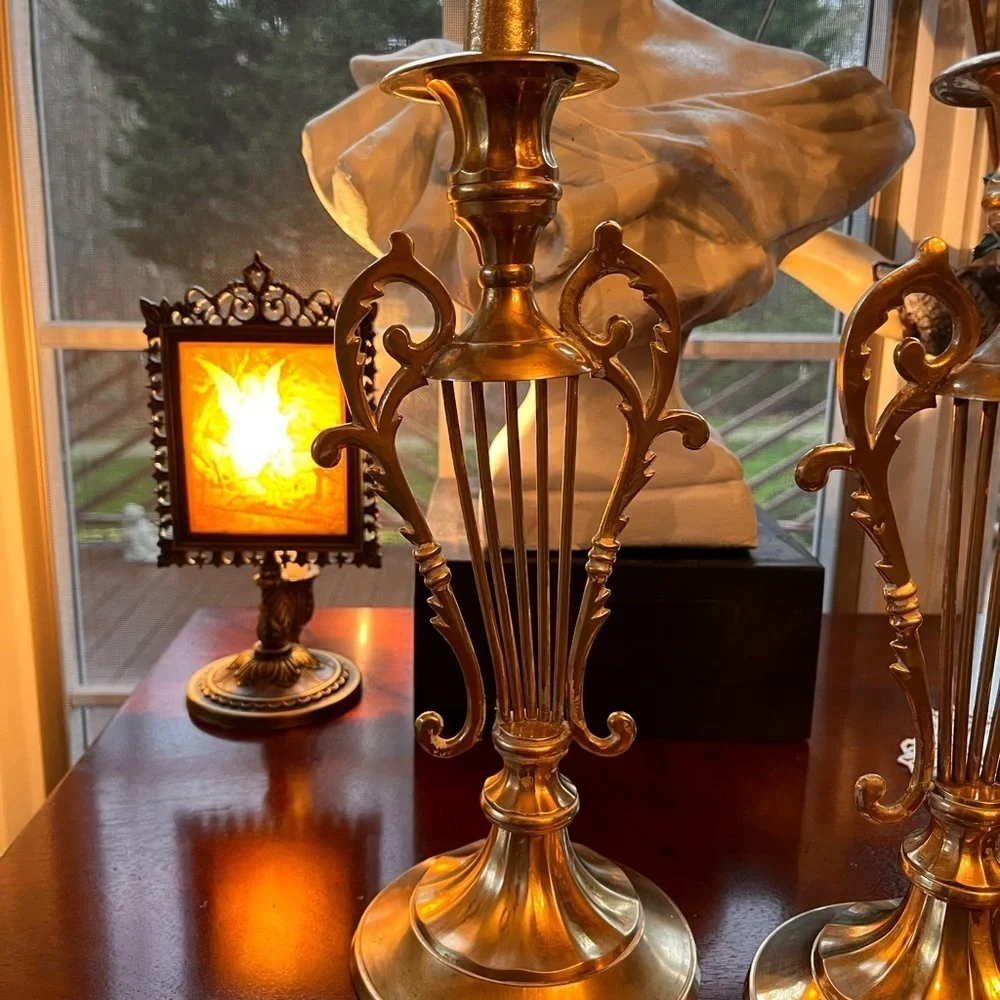 Pair of Lyre Shaped Brass Candle Holders 10-1/8